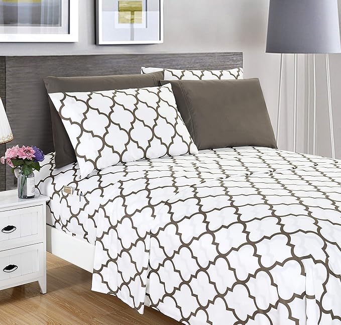Elegant Comfort Luxury Soft Bed Sheets Quatrefoil Pattern - 1500 Premium Hotel Quality Microfiber Softness Wrinkle and Fade Resistant (6-Piece) Bedding Set, Full, White