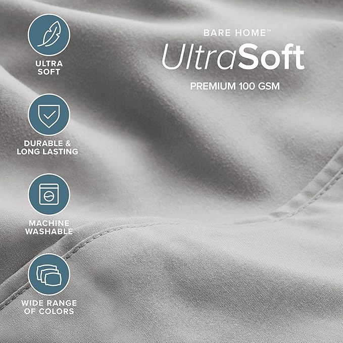 Bare Home Hotel Luxury Twin XL Sheet Set, Extra Soft - 4 Piece Set - Deep Pockets - Easy Fit - Cooling & Breathable - Wrinkle, Fade, Stain Resistant - Includes 2 Pillowcases (Twin XL, Light Grey)