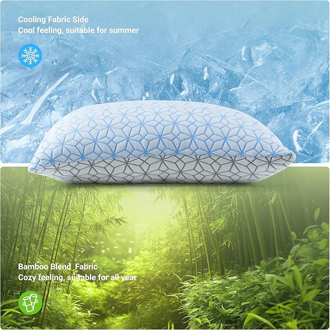 puredown® King Size Pillows Set of 2, Cooling Pillow King Size 2 Pack, Adjustable Shredded Memory Foam Pillows for Side Back Stomach Hot Sleepers, Ice Blue