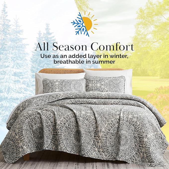 Southshore Fine Living, Inc. Ashanti Collection Oversized Quilt Queen Bedding Set Lightweight, Soft Coverlet Bedspread 3-Piece with Two Matching Shams (98 in Wide x 98 in Long), Full/Queen, Grey