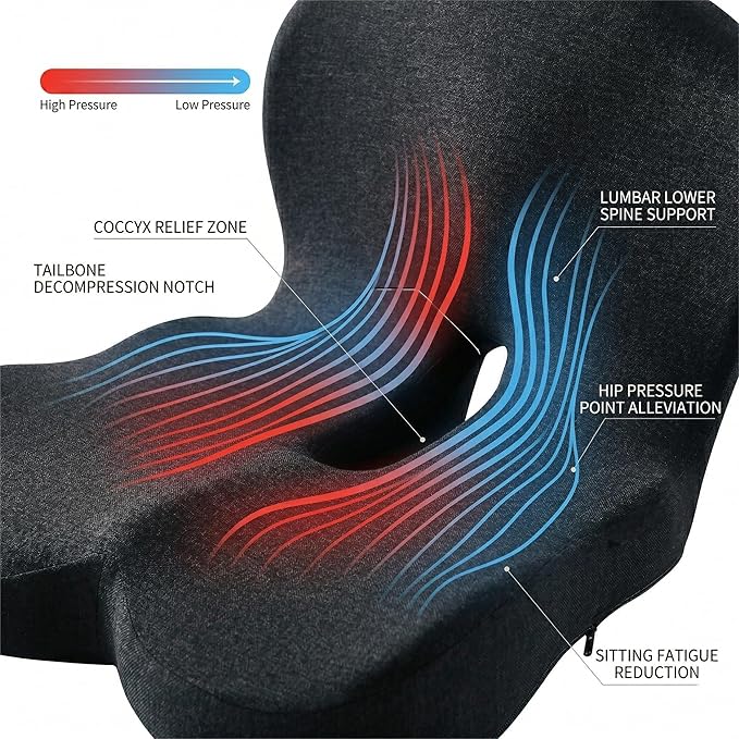 Orthopedic Memory Foam Car Seat Cushion for Sciatica & Back Pain Relief - Ergonomic Non-Slip Office Chair Cushion & Car Cushions for Long Driving with Lumbar Support, Universal Fit (Black)