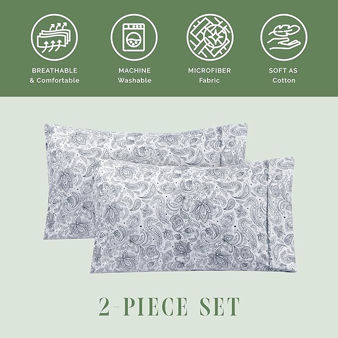 Elegant Comfort Ultra Soft Set of 2 Floral Print Pillowcases - 1500 Premium Hotel Quality Microfiber, Soft and Smooth Envelope Closure 2-Piece Pillow Covers - Standard/Queen, Paisley Navy