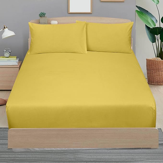 ROYALE LINENS 300 Thread Count 100% Long Staple Combed Cotton Sheet Set - 4 Piece Queen Bed Sheets - 1 Fitted, 1 Flat & 2 Pillow Cases - Soft Cool & Crisp Sheet Set (Queen, Yellow)