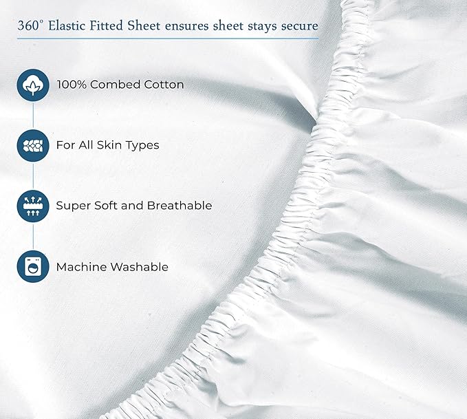 Royale Linen 400 Thread Count 100% American Grown Cotton 4 Piece Sateen Queen Sheet Set - 1 Fitted Sheet, 1 Flat Sheet, 2 Pillow case - White Queen Bedsheet - Cotton Sheets - (Queen, Signature White)
