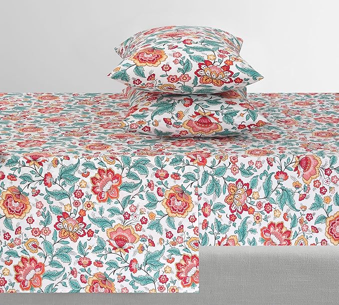 Feather & Stitch Softest 100% Cotton Sheets, 300 Thread Count Percale Weave Bedding, 16" Deep Pocket, Cooling Sheets, Breathable Bed Set, Hotel Premium Quality (Twin, Vintage Garden)