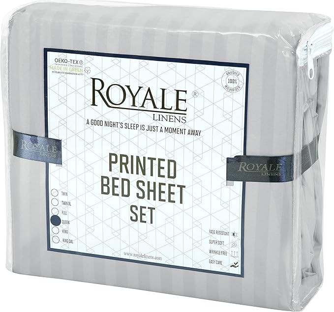 ROYALE LINENS 3 Piece Twin Sheets Set - Soft Brushed 1800 Microfiber Bedding - 1 Fitted, 1 Flat Sheet, 1 Pillow case - Wrinkle Free & Fade Resistant - Hotel Luxury Bed Sheets (Stripe Silver, Twin)