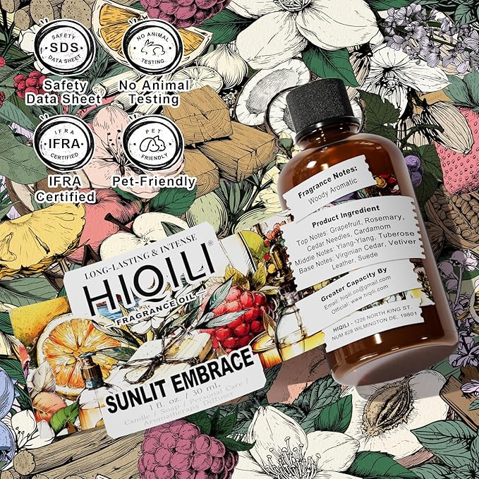 HIQILI Sunlit Embrace Fragrance Oil for Diffuser, Candle, Soap & Perfume Making, Floral-Woody Scent, Long Lasting Aroma - 1 Fl Oz