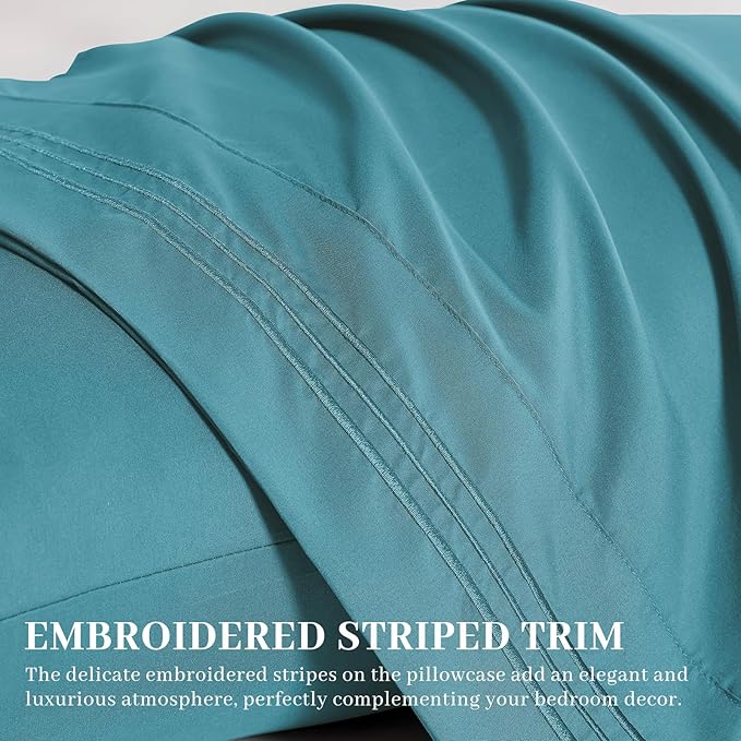 YIYEA Pillow Cases Queen Size Set of 4, Ultra Soft 1800TC Hotel Quality Double Brushed Microfiber Embroidered Pillowcases, Envelope Closure, Fade Resistant (20"x30", Teal)