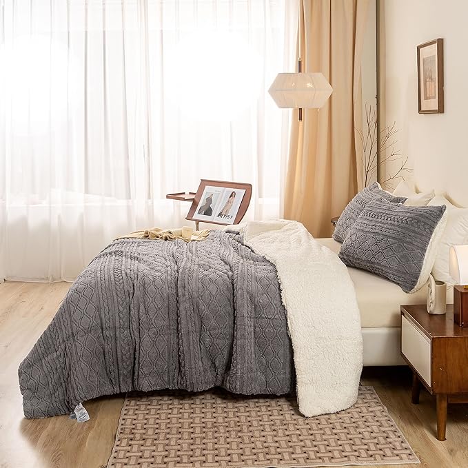 Ultra-Soft Warm Plush Reversible Sherpa Fleece King Comforter - Grey Cal/Cal King - Thickened 3D Jacquard Boho Bedding Down Comforter Set Fluffy Surface for Cozy Autumn and Winter Nights