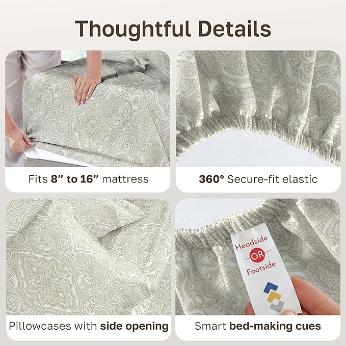 California Design Den Soft 100% Cotton Sheets Queen Size, 400 TC Good Housekeeping Award Winner, Smooth Sateen Finish with Deep Pockets, Cozy and Durable Cotton Bedding Set - Paisley Beige
