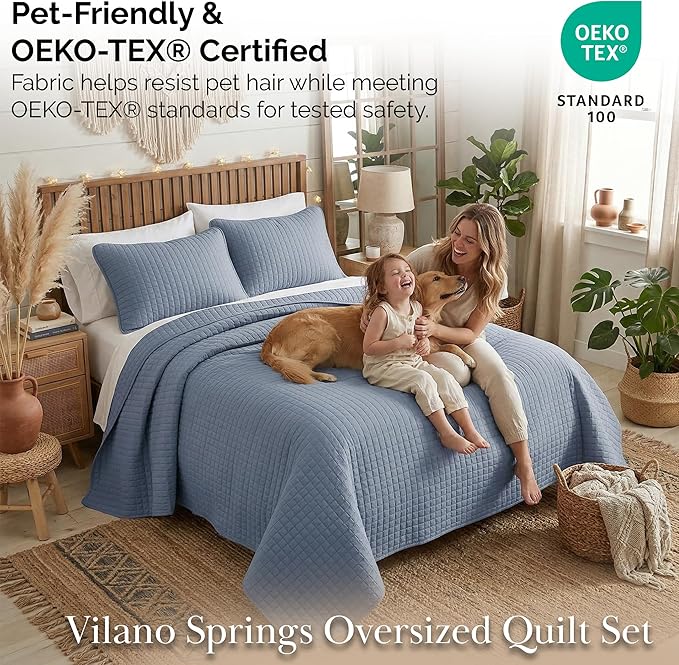 Southshore Fine Living, Inc. Queen Quilt Set, Full Size Bedspread with 2 Matching Pillow Shams, Soft Microfiber Lightweight Quilts, Queen Size Coverlet, Vacation Rental Quilts, Slate Blue Quilt