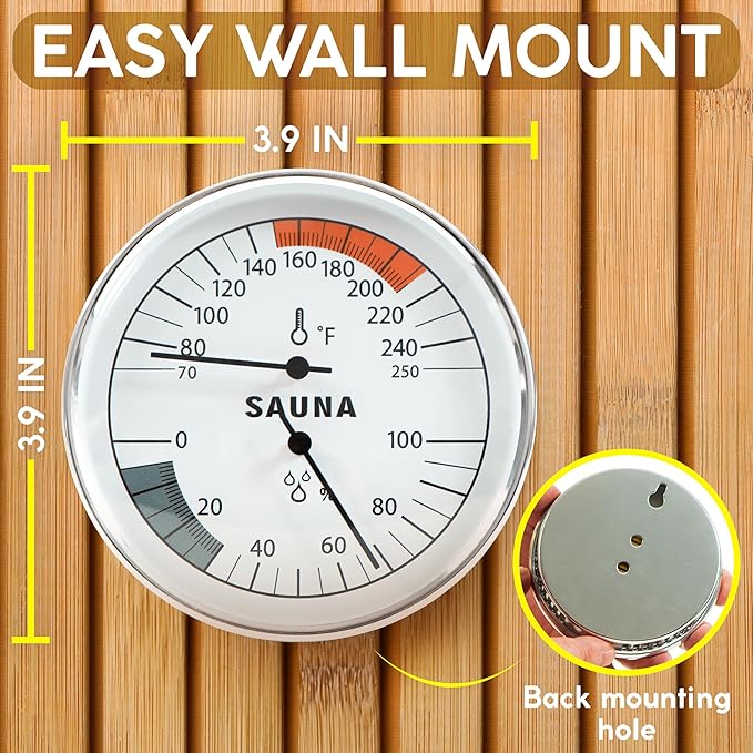 Sauna Thermometer and Hygrometer, Mechanical Humidity and Temperature Gauge, Aluminum Frame Wall Mounted for All Saunas, Sauna Accessories, Range 70–250°F (20–120 °C), 0–100% RH