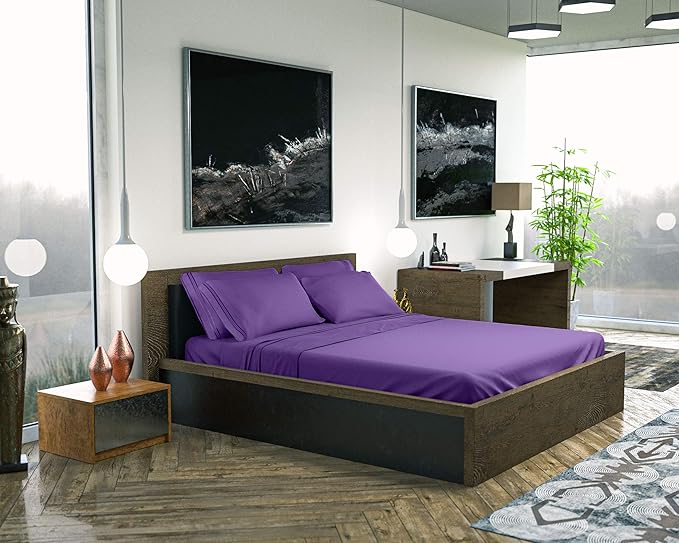 DREAMCARE California King Sheet Sets - 6 pcs Breathable Cooling Bed Sheets - up to 21" Extra Deep Cal King Sheets with Side Pockets -Extra Soft 100% Brushed Hypoallergenic Hotel Luxury Bedding -Purple