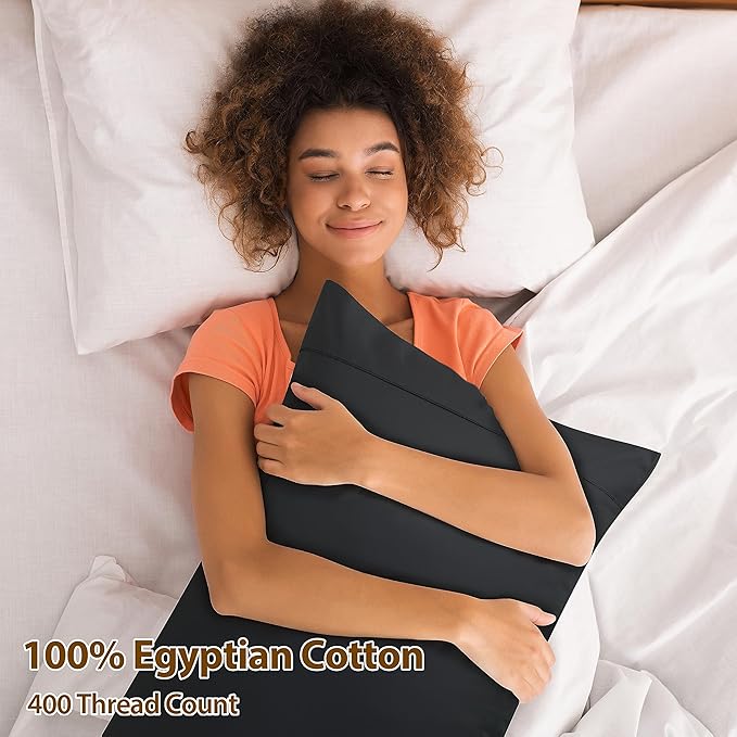 100% Egyptian Cotton Pillow Cases Set of 2, King Size 400 Thread Count Cooling Pillowcases, Soft and Breathable Pillow Covers with Envelope Closure, 20x36 Inches (King, Black)