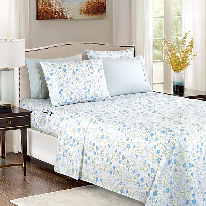 Elegant Comfort Softest and Coziest 6-Piece Sheet Set - 1500 Premium Hotel Quality Microfiber - Deep Pocket, Wrinkle Resistant 6-Piece Floral Bed Sheet Set, Full, Laurel Blue