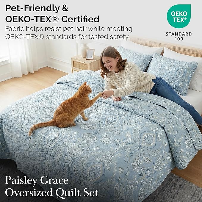 Southshore Fine Living, Inc. Twin XL Comforter Quilt Set, Dorm Bedding Essentials, Stain Resistant, Machine Washable Paisley Boho Bed Spread, Twin XL Quilt Bedspread Set w/Pillow Sham, Blue Paisley