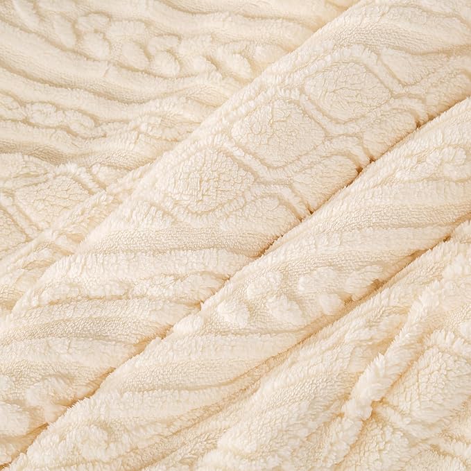 Warm Plush 3D Jacquard Boho Sherpa Fleece Twin Comforter Set for Children Kid - Cream, Twin/Twin XL Reversible Soft Bedding Comforter Set Fluffy Surface for Cozy Autumn Winter Night Christmas