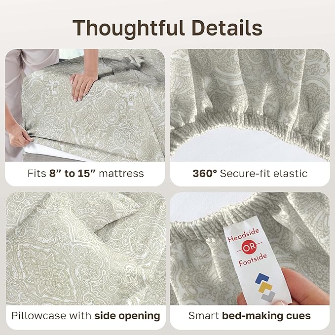 California Design Den Soft 100% Cotton Sheets Twin Size Set, 400 Thread Count Good Housekeeping Award Winner, Smooth Sateen Finish, Cozy and Durable Cotton Bedding Set - Paisley Beige