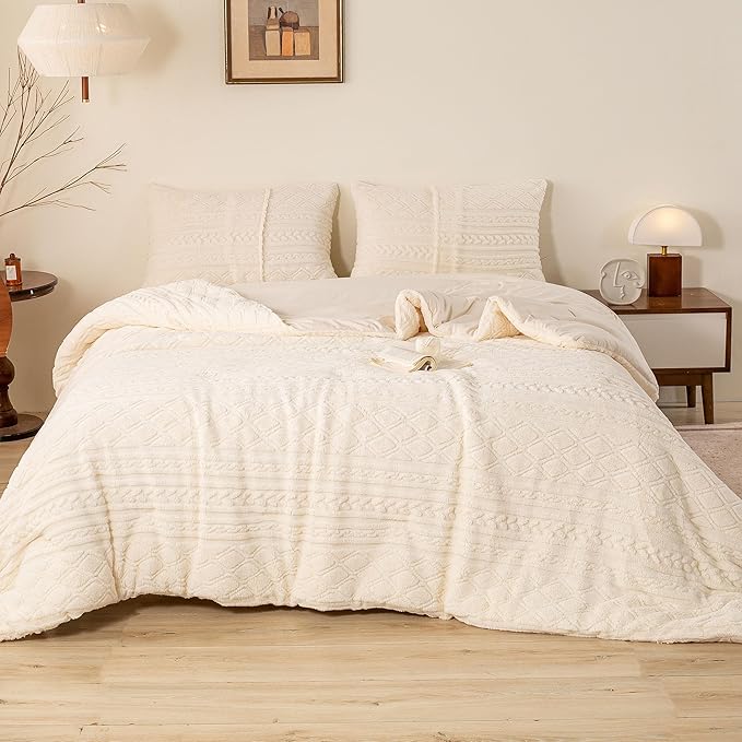 Warm Plush 3D Jacquard Boho Sherpa Fleece Queen Size Comforter Set - Cream Full/Queen Reversible Ultra-Soft Bedding Down Alternative Comforter Set Fluffy Surface for Cozy Autumn Winter Nights
