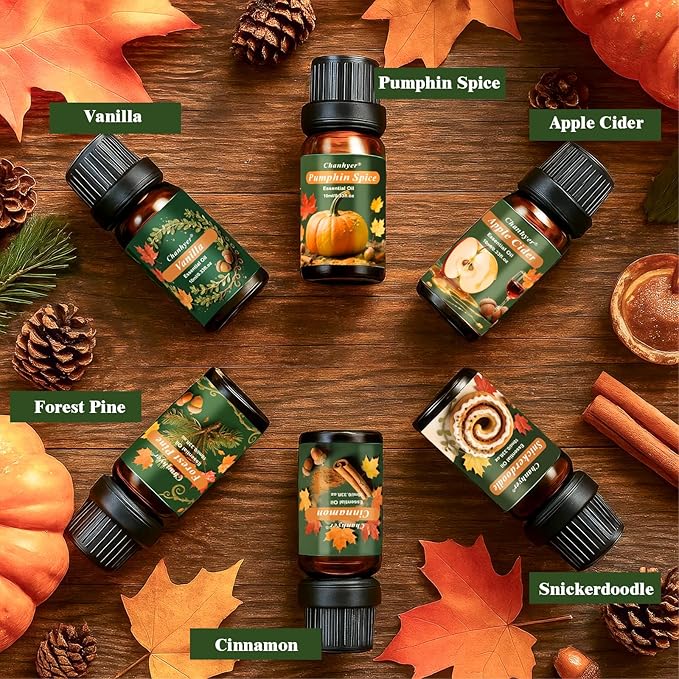 Fall Essential Oils Set 6 x 10ml-Pumpkin Spice, Apple Cider, Snickerdoodle, Vanilla, Cinnamon, Pine,Autumn Fragrance Oils for Diffuser, Home Scenting and Seasonal Gifts