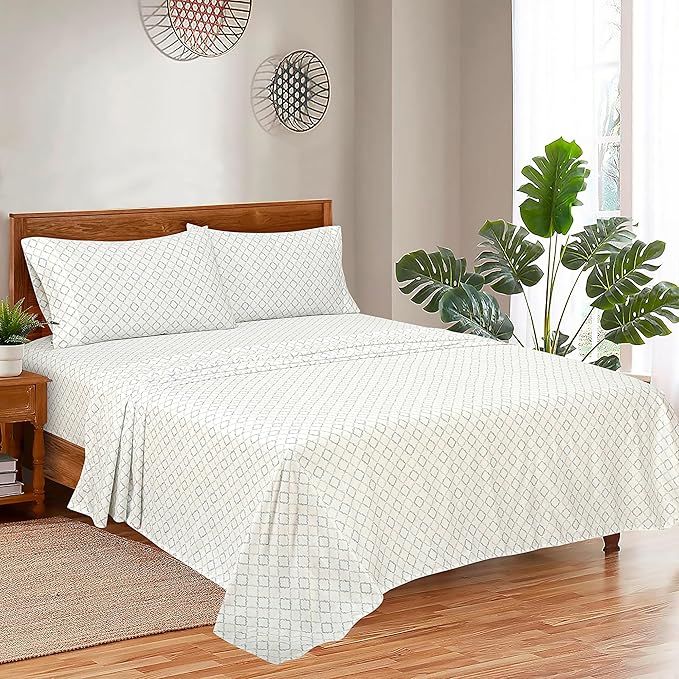 ROYALE LINENS 300 Thread Count 100% Long Staple Combed Cotton Sheet Set - 4 Piece King Bed Sheets - 1 Fitted, 1 Flat & 2 Pillow Cases - Soft Cool & Crisp Sheet Set (King, Vintage Trellis,Grey Blue)