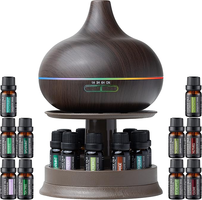 Pure Daily Care Ultimate Aromatherapy Diffuser with Essential Oil Set - 300ml Ultrasonic Diffuser, 4 Timer & 7 Ambient Light Settings - 10 Therapeutic Grade Essential Oils - Oak Wood with Stand