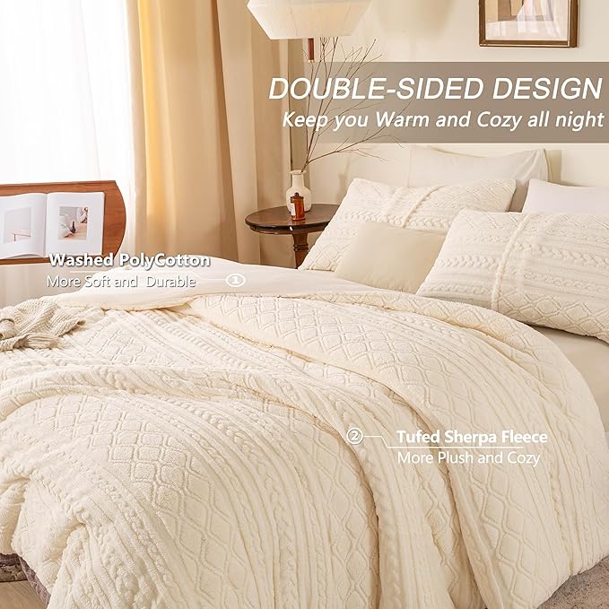Warm Plush 3D Jacquard Boho Sherpa Fleece Twin Comforter Set for Children Kid - Cream, Twin/Twin XL Reversible Soft Bedding Comforter Set Fluffy Surface for Cozy Autumn Winter Night Christmas