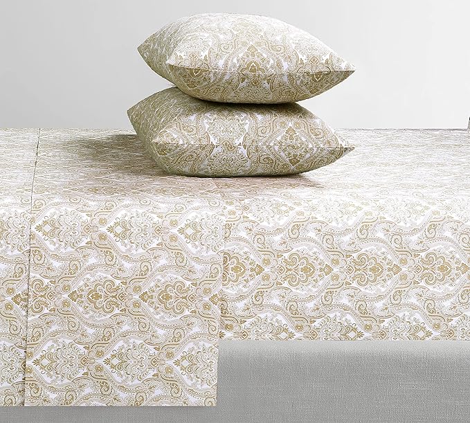 Feather & Stitch Softest 100% Cotton Sheets, 300 Thread Count Percale Weave Bedding, 16" Deep Pocket, Cooling Sheets, Breathable Bed Set, Hotel Premium Quality (King, Ivory Paisley)