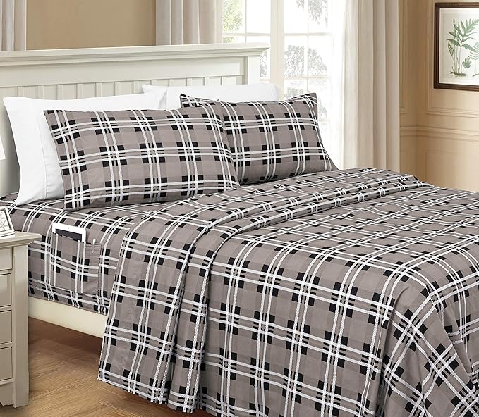 Elegant Comfort Luxury Soft Bed Sheets Plaid Pattern - 1500 Premium Hotel Quality Microfiber Softness Wrinkle and Fade Resistant (6-Piece) Bedding Set, King, Plaid Grey