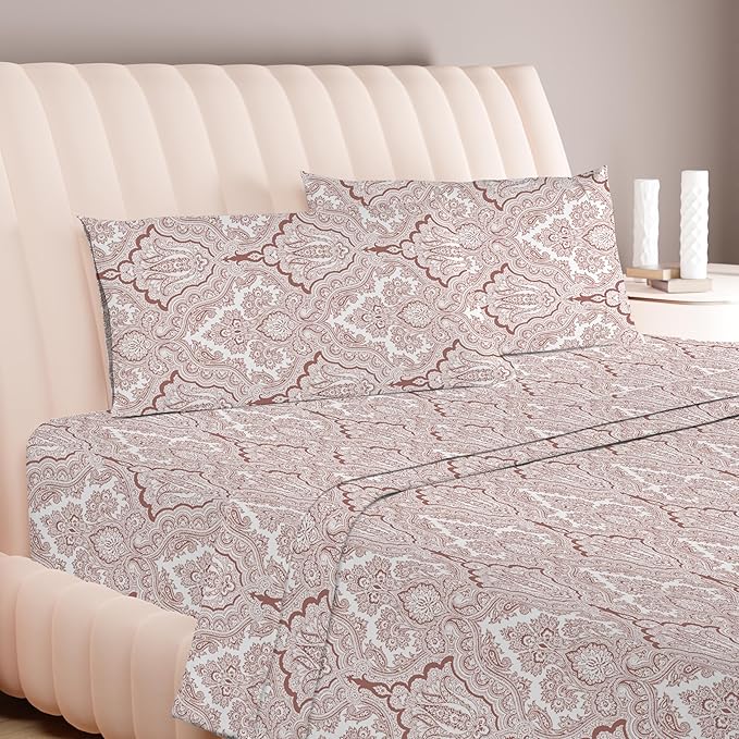Carressa Linen 100% Egyptian Cotton Queen Sheet Set - 600 Series Hydrangeas Printed Egyptian Cotton Queen Sheets Set (4 PC, Paisley), 16" Deep Pocket Sateen Weave Luxury Hotel Bed Sheet