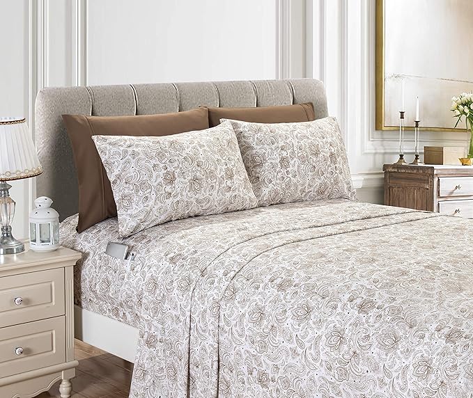 Elegant Comfort Luxury Soft Bed Sheets Paisley Pattern - 1500 Premium Hotel Quality Microfiber Softness Wrinkle and Fade Resistant (6-Piece) Bedding Set, Queen, Taupe