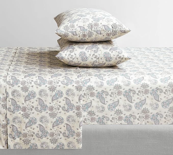 Feather & Stitch Softest 100% Cotton Sheets, 300 Thread Count Percale Weave Bedding, 16" Deep Pocket, Cooling Sheets, Breathable Bed Set, Hotel Premium Quality (King, Beige Paisley)