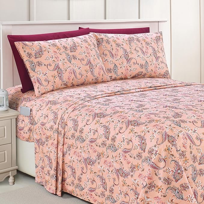 Elegant Comfort Luxury Soft Bed Sheets Paisley Pattern - 1500 Premium Hotel Quality Microfiber Softness Wrinkle and Fade Resistant (6-Piece) Bedding Set, California King, Paisley Coral