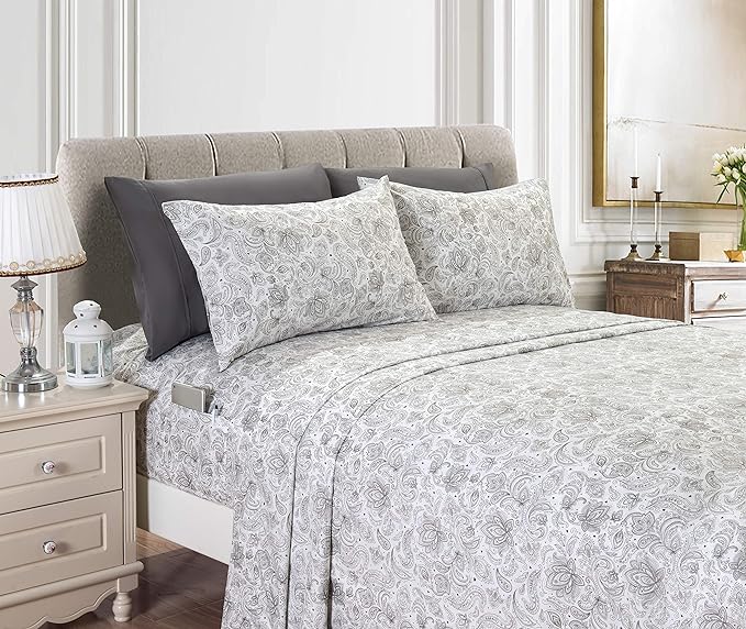 Elegant Comfort Luxury Soft Bed Sheets Paisley Pattern - 1500 Premium Hotel Quality Microfiber Softness Wrinkle and Fade Resistant (6-Piece) Bedding Set, Queen, Grey