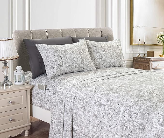 Elegant Comfort Luxury Soft Bed Sheets Paisley Pattern - 1500 Premium Hotel Quality Microfiber Softness Wrinkle and Fade Resistant (4-Piece) Bedding Set, Twin/Twin XL, Grey