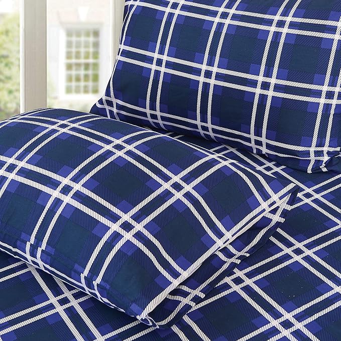 Elegant Comfort Luxury Soft Bed Sheets Plaid Pattern - 1500 Premium Hotel Quality Microfiber Softness Wrinkle and Fade Resistant (4-Piece) Bedding Set, Twin/Twin XL, Navy Blue