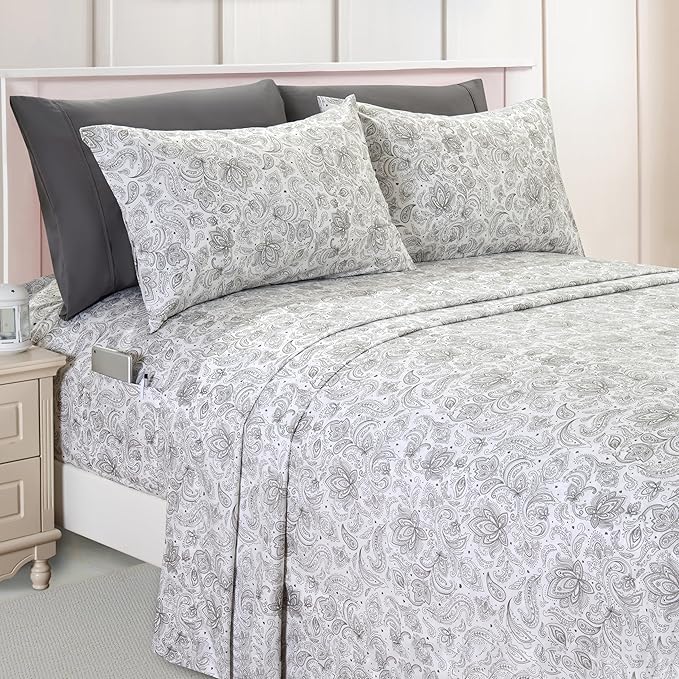 Elegant Comfort Luxury Soft Bed Sheets Paisley Pattern - 1500 Premium Hotel Quality Microfiber Softness Wrinkle and Fade Resistant (6-Piece) Bedding Set, California King, Paisley Grey
