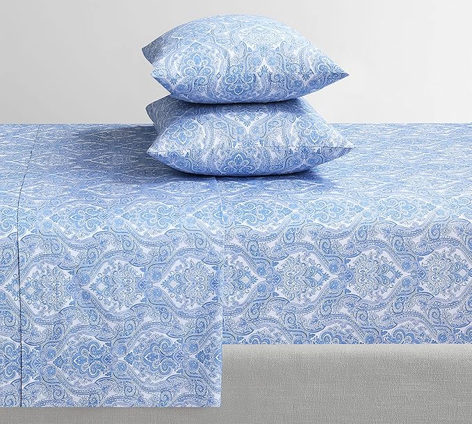 Feather & Stitch Softest 100% Cotton Sheets, 300 Thread Count Percale Weave Bedding, 16" Deep Pocket, Cooling Sheets, Breathable Bed Set, Hotel Premium Quality (Twin, Blue Paisley)