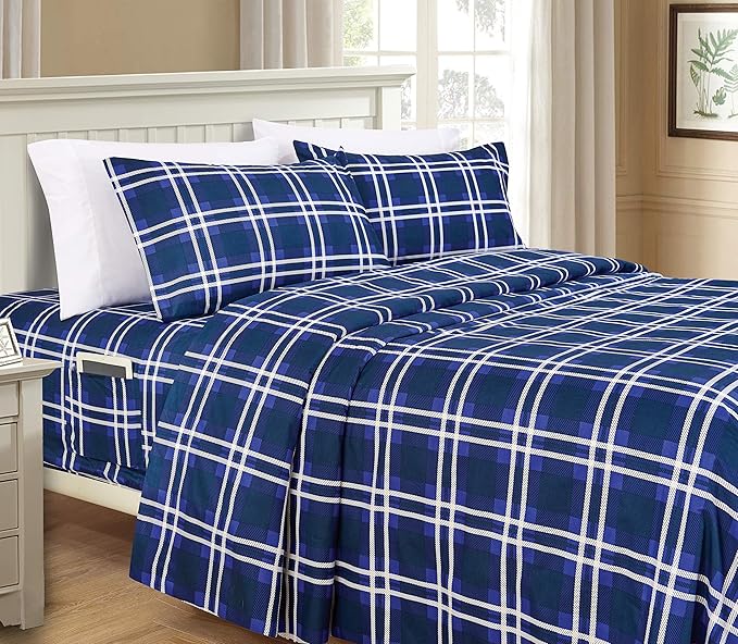 Elegant Comfort Luxury Soft Bed Sheets Plaid Pattern - 1500 Premium Hotel Quality Microfiber Softness Wrinkle and Fade Resistant (4-Piece) Bedding Set, Twin/Twin XL, Navy Blue