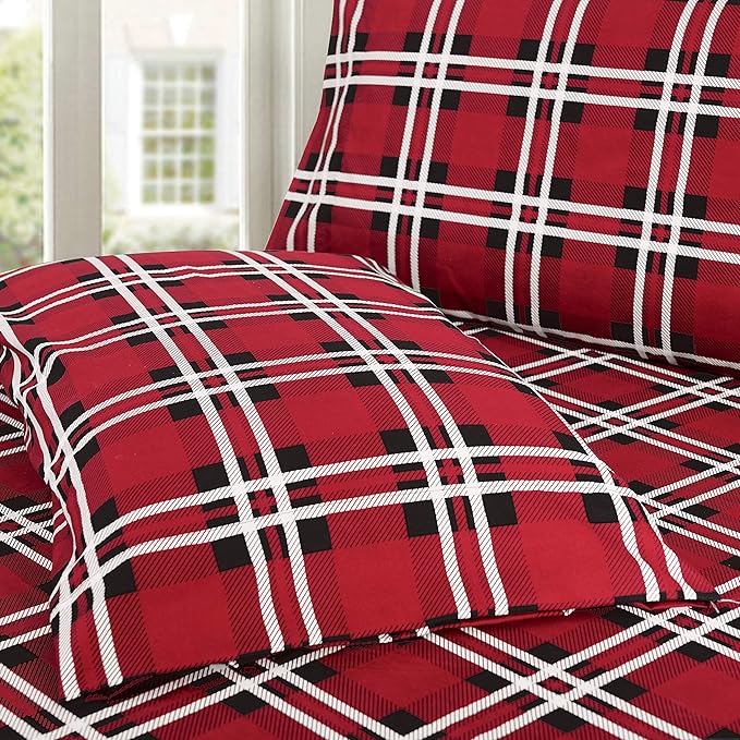 Elegant Comfort Luxury Soft Bed Sheets Plaid Pattern - 1500 Premium Hotel Quality Microfiber Softness Wrinkle and Fade Resistant (6-Piece) Bedding Set, Full, Plaid Burgundy