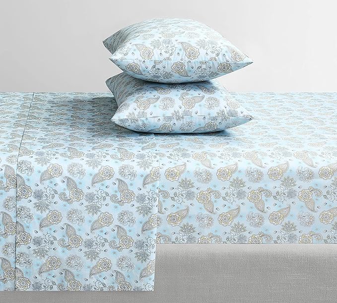 Feather & Stitch Softest 100% Cotton Sheets, 300 Thread Count Percale Weave Bedding, 16" Deep Pocket, Cooling Sheets, Breathable Bed Set, Hotel Premium Quality (Full, Aqua Paisley)