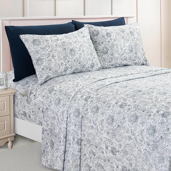 Elegant Comfort Luxury Soft Bed Sheets Paisley Pattern - 1500 Premium Hotel Quality Microfiber Softness Wrinkle and Fade Resistant (6-Piece) Bedding Set, California King, Paisley Navy Blue