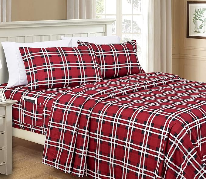Elegant Comfort Luxury Soft Bed Sheets Plaid Pattern - 1500 Premium Hotel Quality Microfiber Softness Wrinkle and Fade Resistant (6-Piece) Bedding Set, Queen, Plaid Burgundy